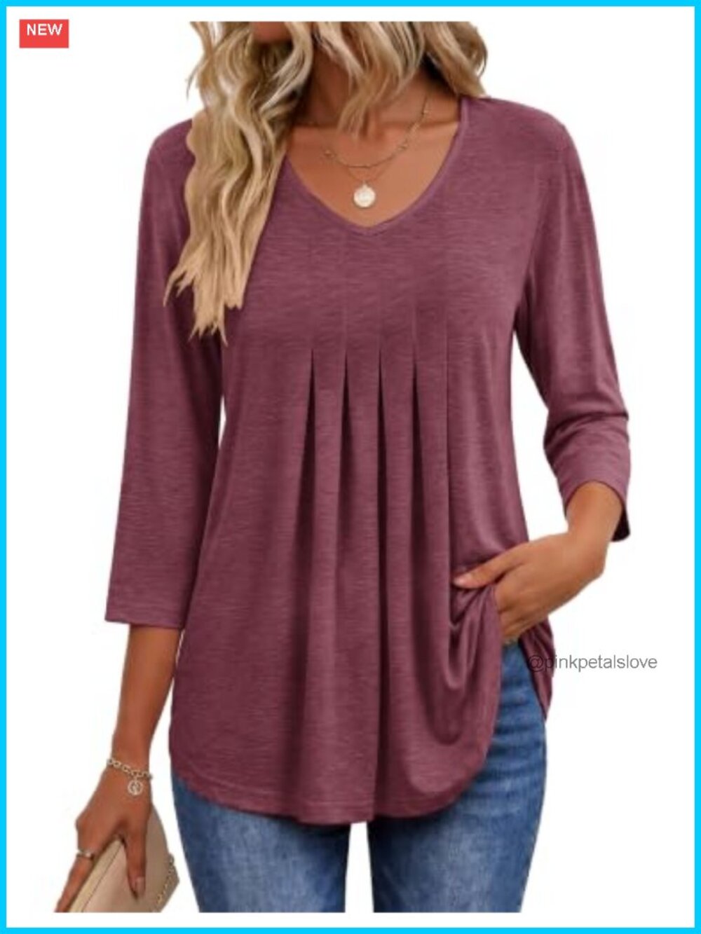 Ekouaer Women's 3/4 Sleeve V-Neck Pleated Casual Tunic Top
